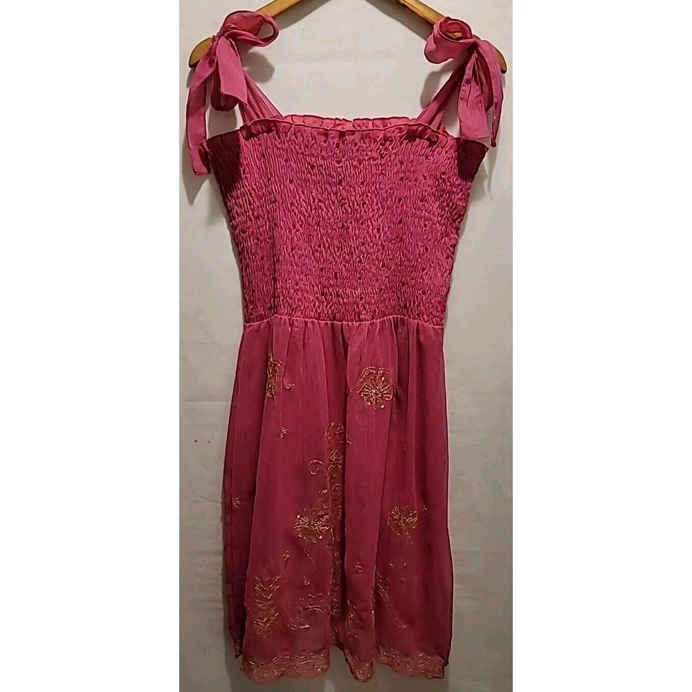 Persaman New York Women's Size 12 Pink Embroidered Bohemian Mini Dress Ruched‎